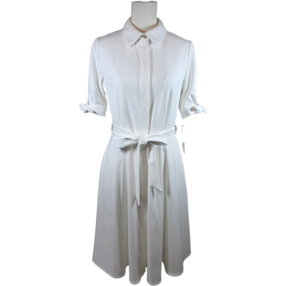 Calvin Klein White Short Sleeve Tie Waist Crepe Shirt Dress w/Pockets